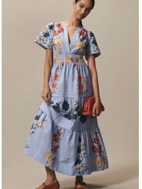 Anthropologie Blue Maxi Dress with Multicolor Floral Embroidery